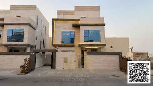 An exquisite, luxurious 5-master-bedroom villa in Al Zahia 1, Ajman, featuring a modern architectur