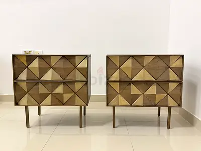 Pair of Decorative Wooden Bedside Nightstands with Geometric Inlay