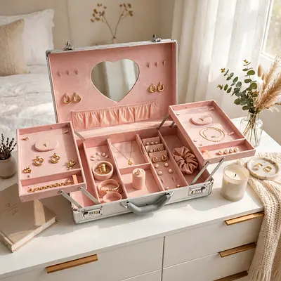 Large Pink Travel Jewelry Case with Mirror - Multi-Compartment
