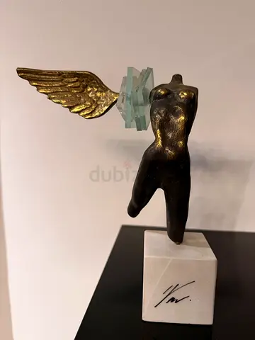 Contemporary Signed Bronze & Glass Winged Torso Art Sculpture on Marble Base