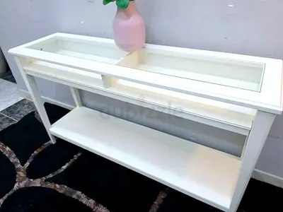 White Console Table with Glass Top and Lower Shelf - Good Condition
