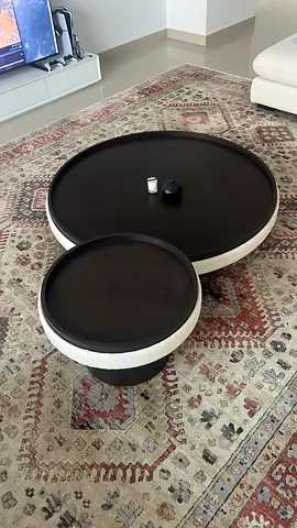 Set of 2 Round Nesting Coffee Tables, Dark Wood and Ivory Bouclé, Like New!