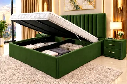 New King size Green upholstered storage bed with hydraulic lift and padded headboard