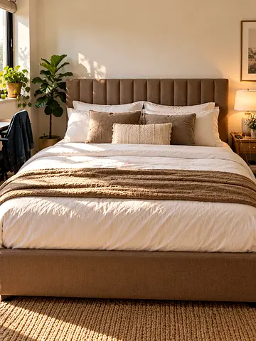 Comfortable Upholstered Bed – Thick Cushioned Headboard – Soft Beige Fabric