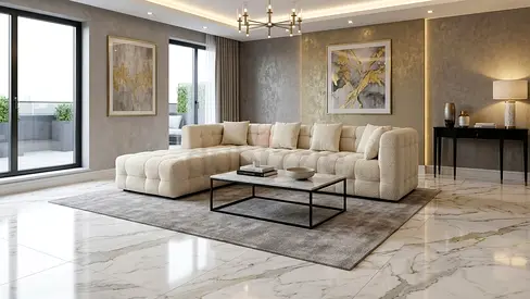 Large Modern L-Shaped Fabric Sofa with Chaise - Light Beige