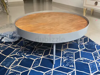 Round Wooden Top Metal Frame Coffee Table - Modern Low Profile