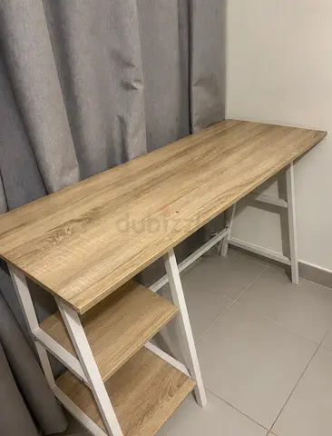 Wooden Study Desk with Side Shelves - Light Oak Finish