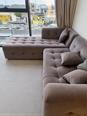 L-shaped tufted grey fabric corner sofa - READ DESCRIPTION