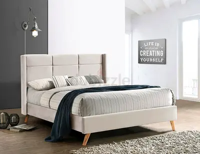 Wingback headboard king beige velvet bed