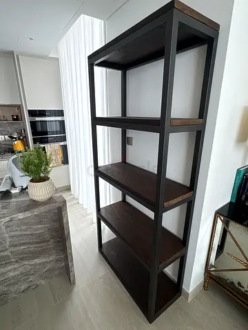 FREE if removed. Tall Wooden Open Shelving Unit with Dark Frame - 5 Tier