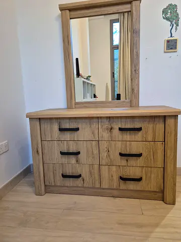 Oak-effect Dresser with Mirror - 6 Drawers, Great Condition