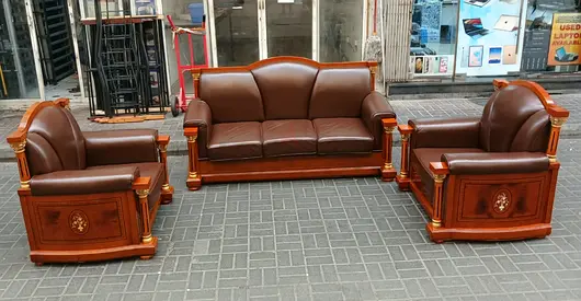 Solid Wood 3-Seater Sofa with Two Armchairs - Classic Brown Leather