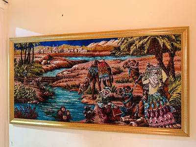 Hand-Embroidered Oriental Tapestry Wall Hanging in Gold Frame