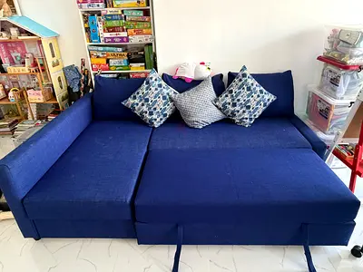 Blue L-shaped Convertible Sofa Bed - Good Condition