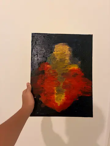 Original small abstract oil painting on canvas - dark background with warm colors