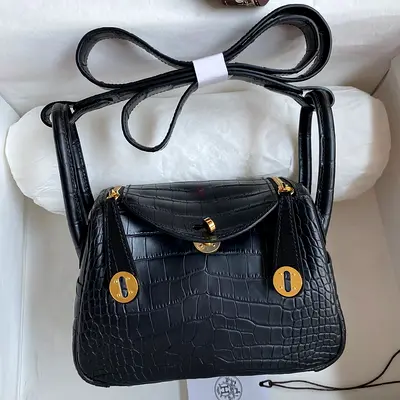 Hermes Mini Lindy Bag In Black Matte Alligator Leather