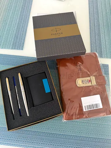 Parker Galaxy Gold Trim Ball Pen with Free Card Holder (Stainless Steel) and Notebook