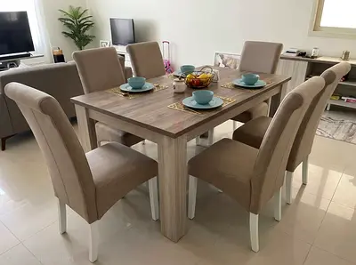 Wood-effect Dining Table with 6 Upholstered Chairs - Good Condition