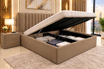 New King bed hydraulic Bed with Upholstered Headboard - Beige king size bed hydraulic storage bed