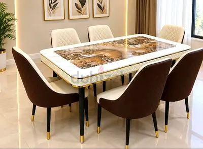 6-Seater Marble Top Dining Table with Upholstered Chairs - Modern Set