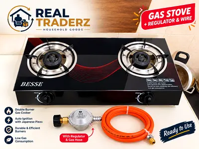 Besse 2-Burner Glass Top Gas Stove with Regulator & Hose