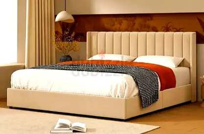 New King Size Upholstered Bed with Padded Headboard - Beige plus Mattress
