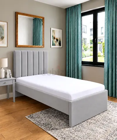New Single bed Upholstered Bed Frame with Padded Headboard - Light Grey single size bed