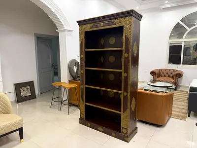 Solid Wood Display Cabinet / Bookcase with Brass Inlay - Tall Vintage Style