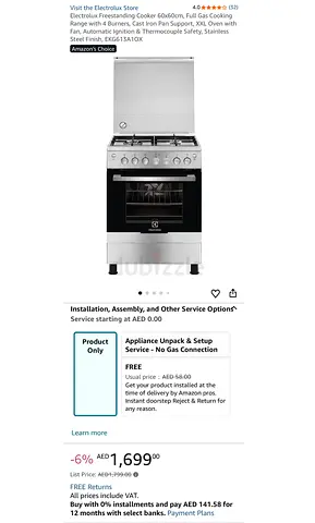 Electrolux 60x60cm Freestanding Gas Cooker