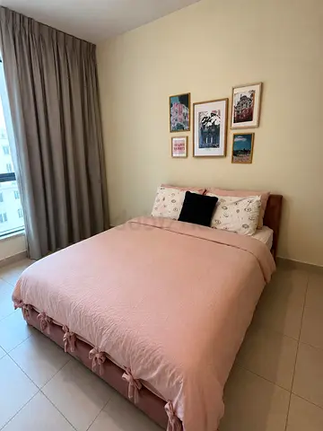 Queen Bed with Pink Upholstered Headboard and Bedding and hydrolic storage with mattress