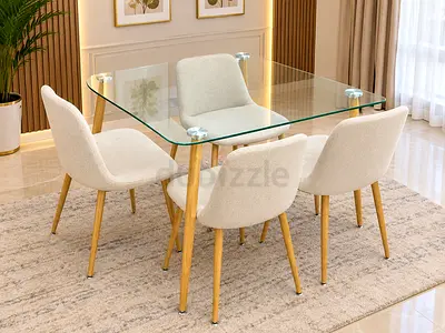 Glass Top Dining Table with 4 Upholstered Chairs - Light Wood Finish
