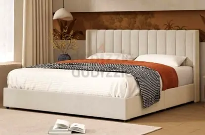 Upholstered King Size Bed with Padded Headboard - Cream Including Mattress