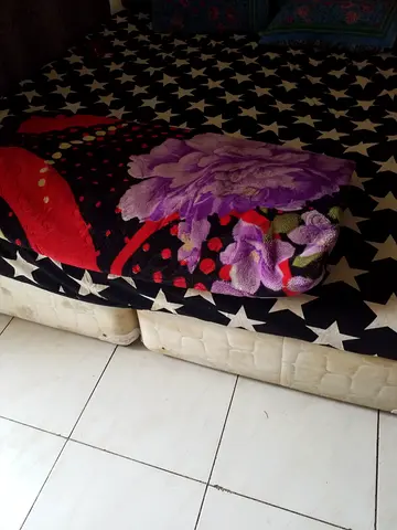 Used decorative area rug with bold floral and star pattern