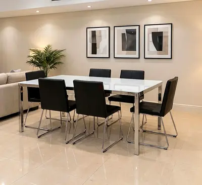 Modern White Glass Dining Table with 6 Black Leather Chairs