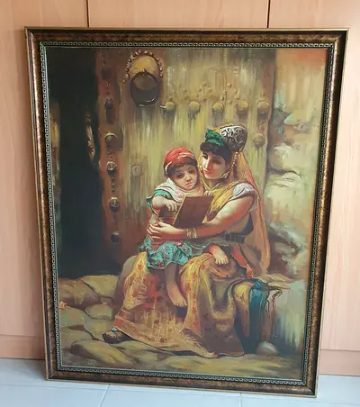 Framed Vintage-Style Painting of Mother and Child Reading