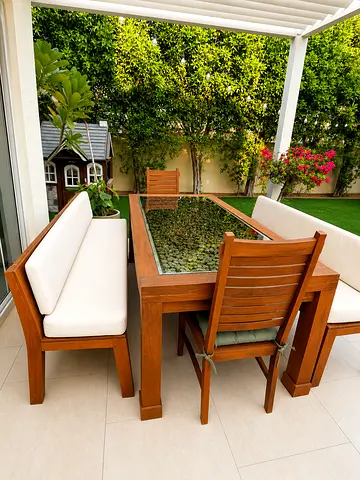 Solid wood outdoor table with benches and chairs