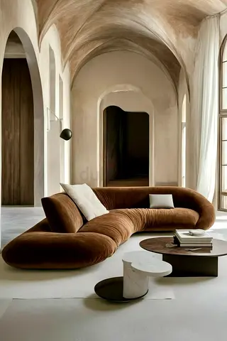 Curved Brown Velvet Modular Sofa - Modern Designer Piece