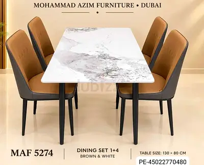 Dining table set for 4 with marble-look top and brown leather chairs (1+4)