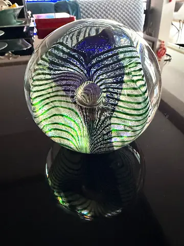 Vintage collectibles Handmade Murano Glass Paperweight with Green and Blue Swirl