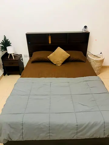 Wooden bed queen size with headboard storage and nightstand - excellent condition
