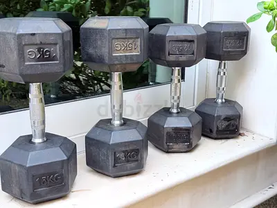 4 Sets of Hex Rubber Dumbbells:  22.5kg Pair + 15kg Pair + 12kg Pair + 3kg Pair - Good Condition