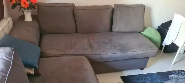 Grey L-shaped Fabric Sofa - Comfortable 3-seater with Chaise