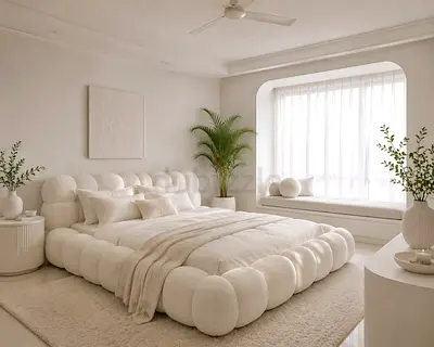 Low tufted platform bed with padded headboard - cream white