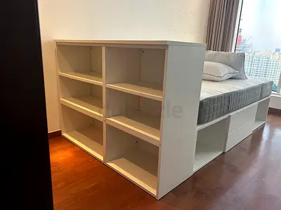 White IKEA Queen Bed with Built-in Library in Excellent Conditions at Bargain Price