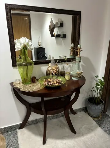 Solid Wood Half Moon Console Table with Mirror - Dark Finish