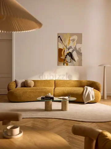 Brand new Curved Mustard Fabric Sofa - Modern 3-Seater