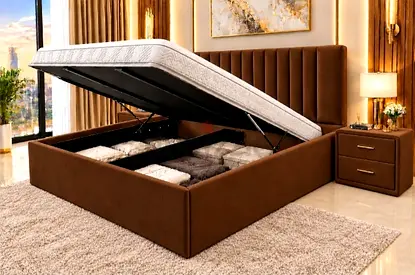 King Storage Ottoman Bed with Lift-Up Mattress - Brown