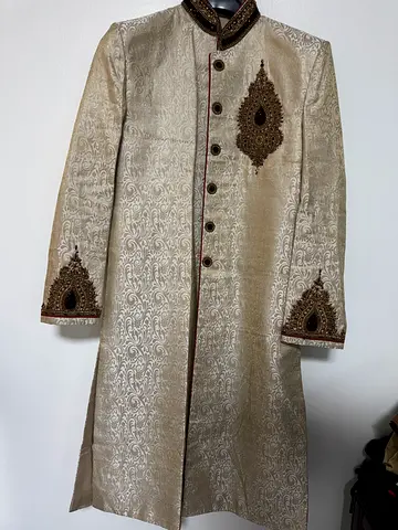 Traditional men's sherwani - cream with brown embroidery, size/L