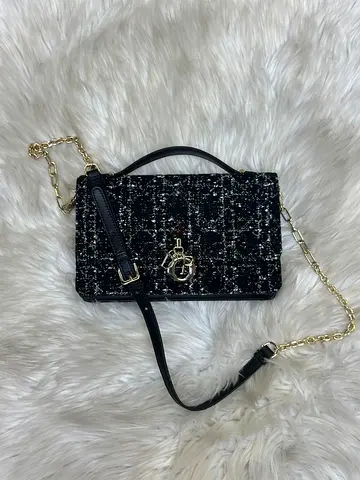 Black Tweed Chain-Handle Shoulder Bag with Gold Hardware