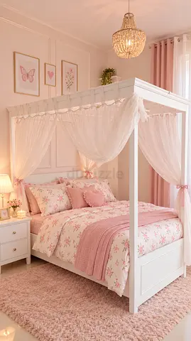 120 x 200 White Four-Poster Canopy Bed with Pink Bedding (Good Condition)